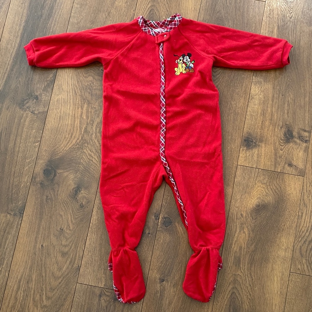 Disney Mickey & Pluto Christmas Red Fleece Footie Pajamas Kids 24M Holiday